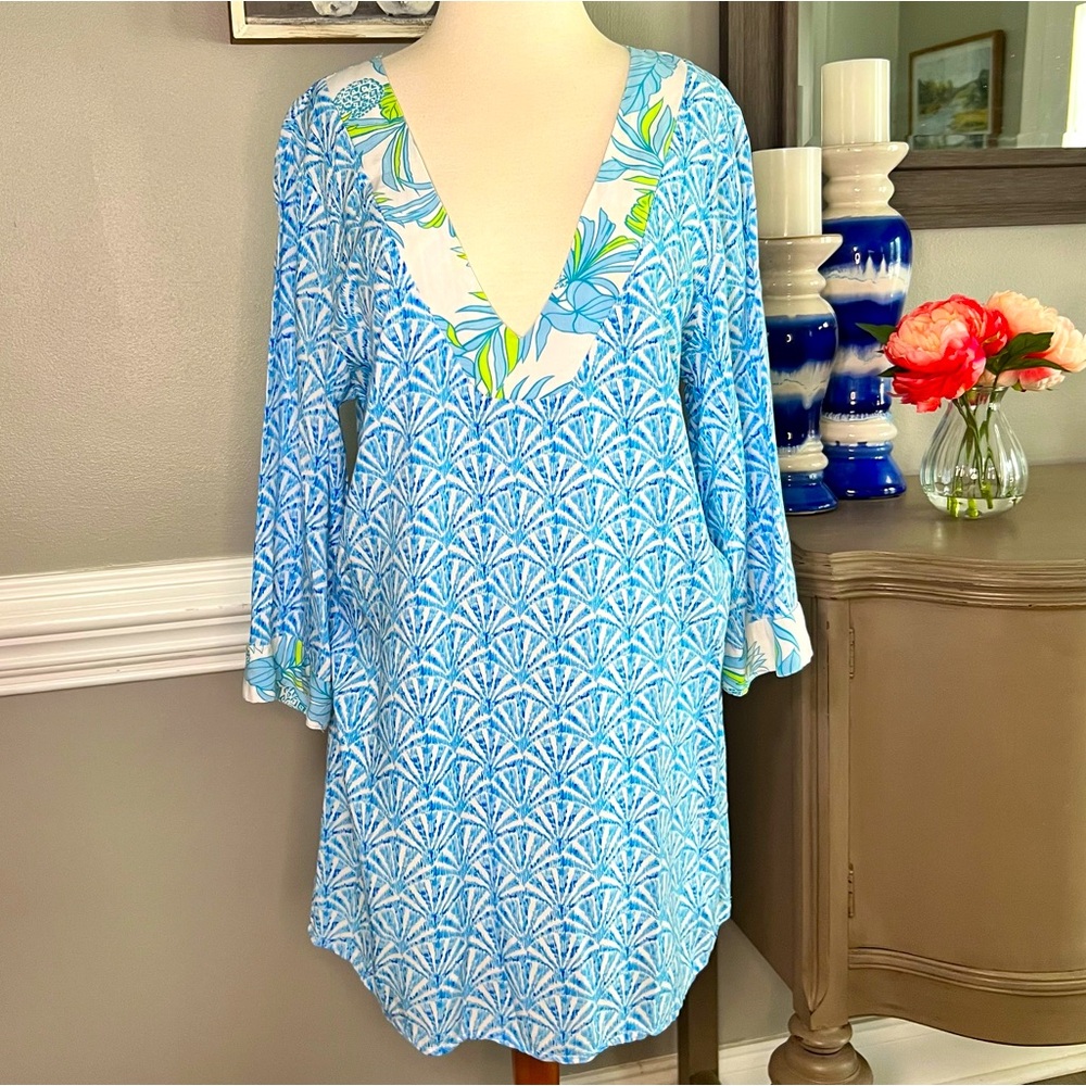 EUC Stella Parker Lightweight Dress Size Medium blue, white, and green 022